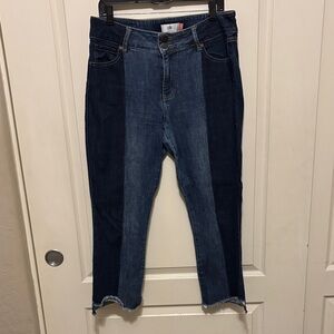 CAbi Two-Tone Hi-Lo Cropped Jeans in Dark and Light Blue